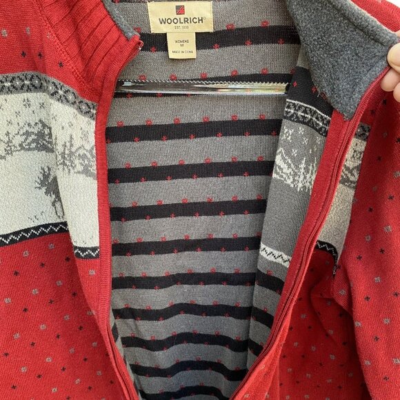 Woolrich Women’s Red Fair Isle Zip Sweater Size M Winter Knit - Picture 9 of 11